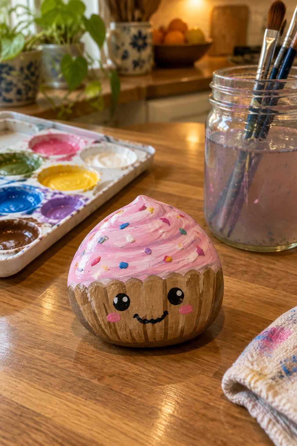 Painted rock cupcake with pink frosting, sprinkles, and smiling face on wooden table