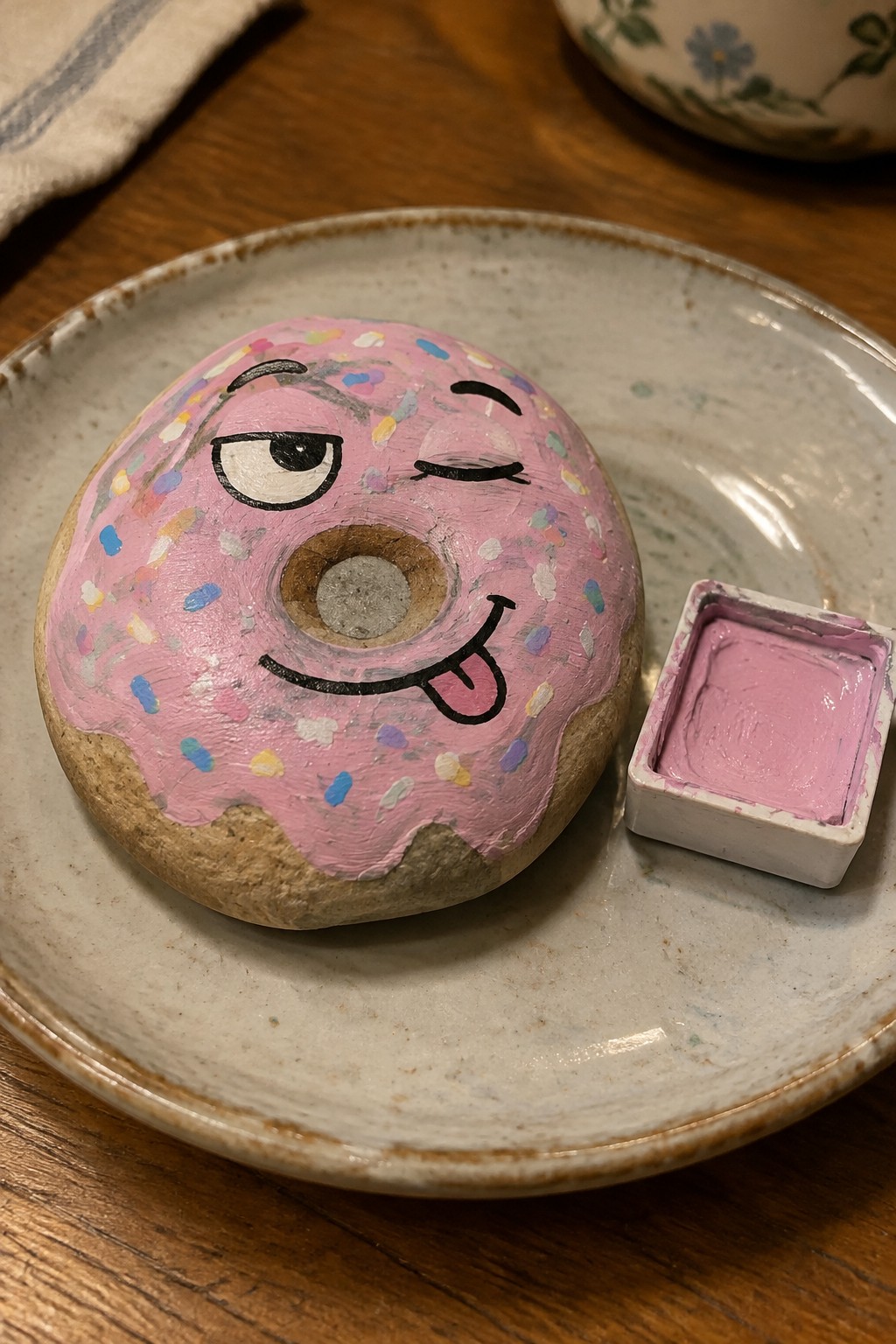 Painted rock donut with pink frosting, sprinkles, winking face, and tongue on plate