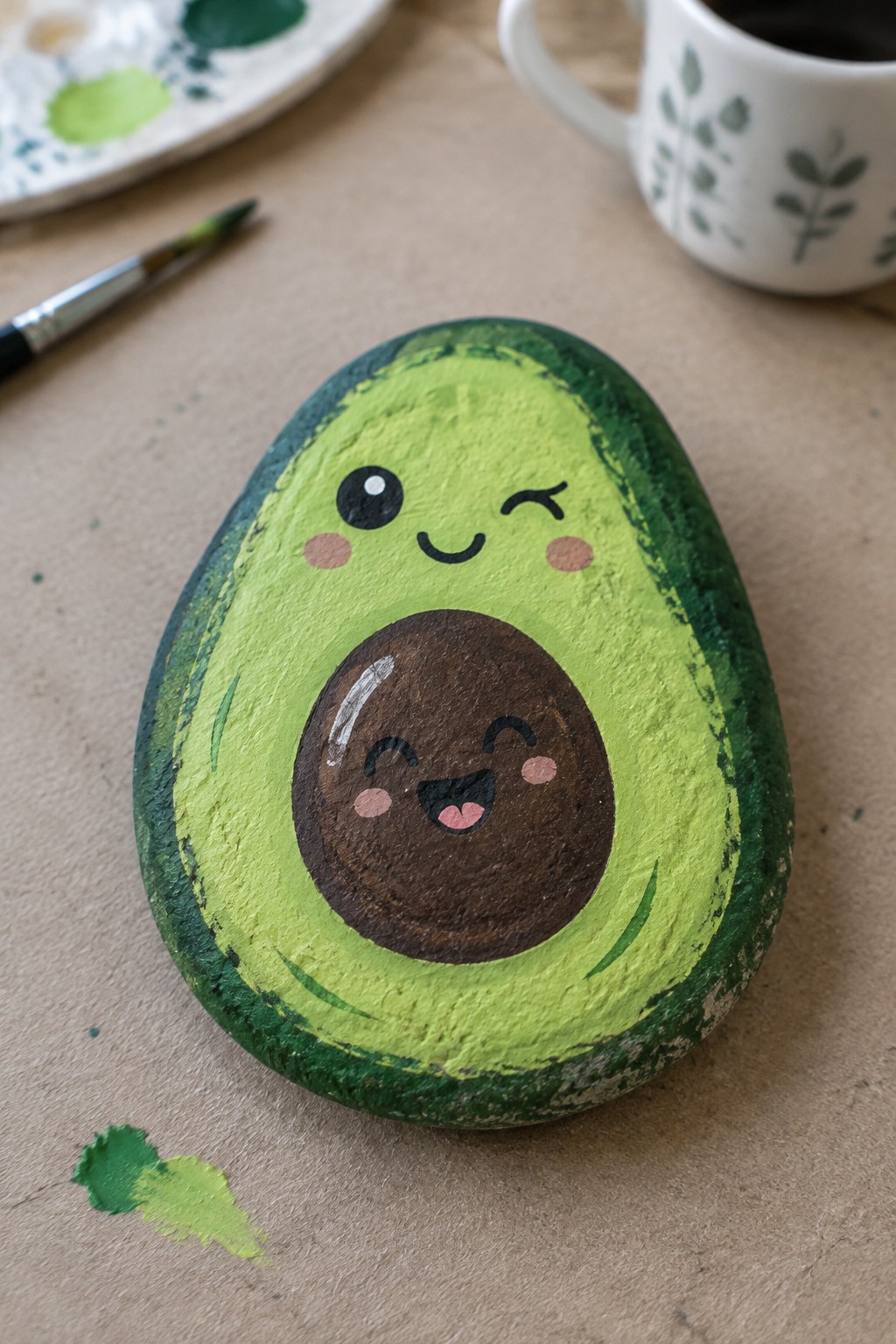 Painted avocado rock with winking face and smiling pit amid art supplies
