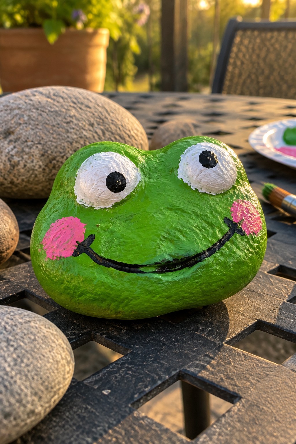 Green painted rock frog with oversized eyes and pink cheeks on metal table.