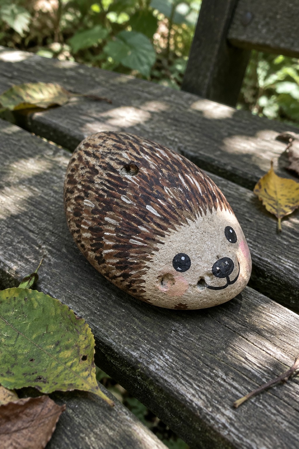 Painted hedgehog rock with brown spikes and smiling face on wooden bench