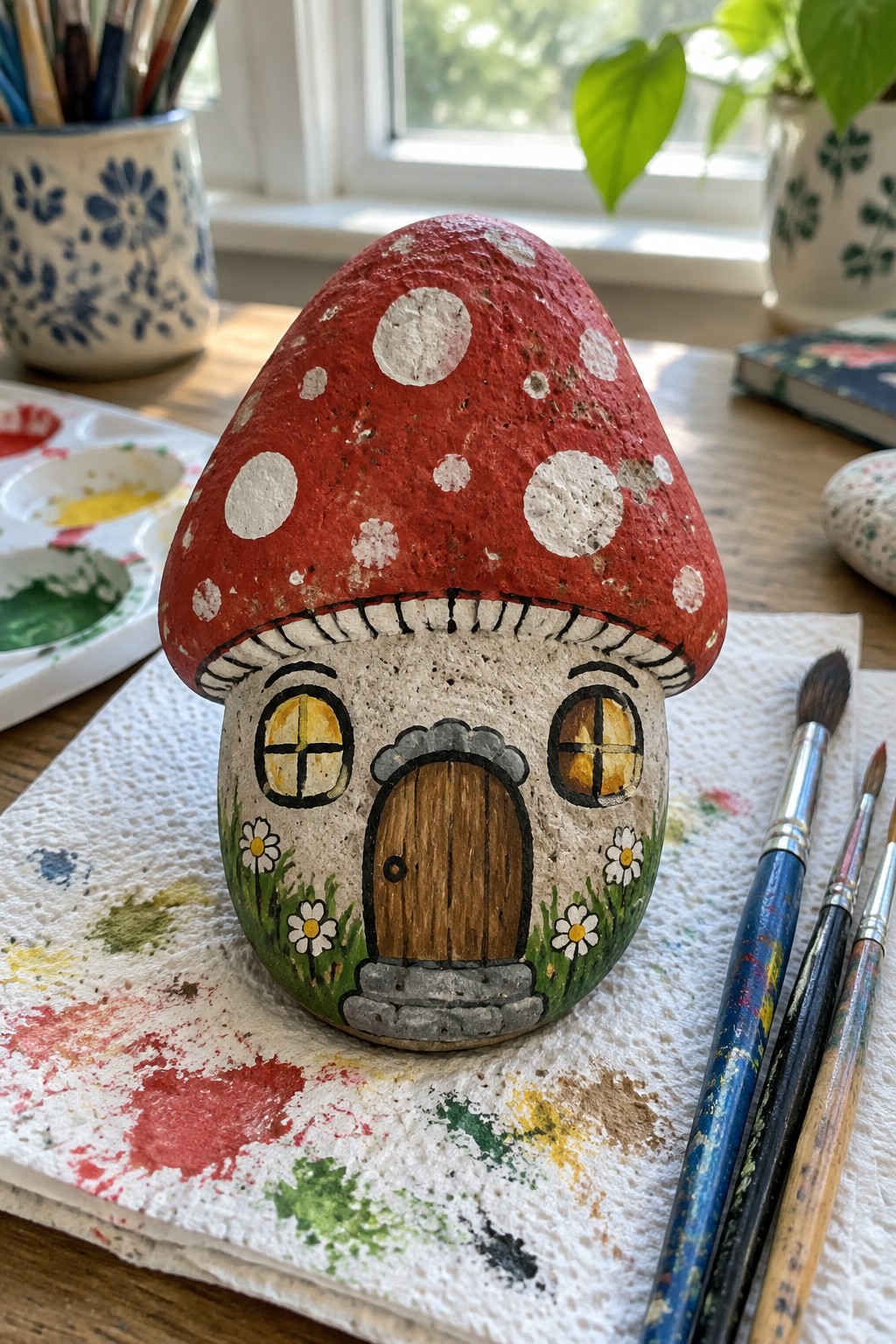 Red-spotted mushroom house painted on rock atop paint-stained paper towel with brushes