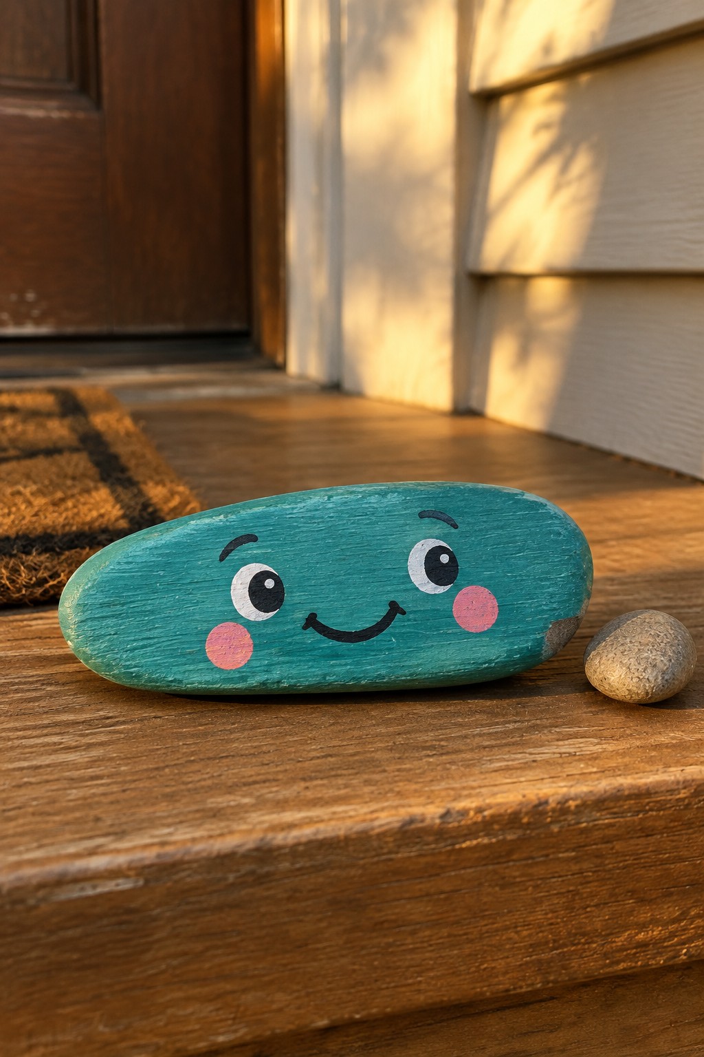 Painted teal rock with smiling face beside small stone on wooden porch