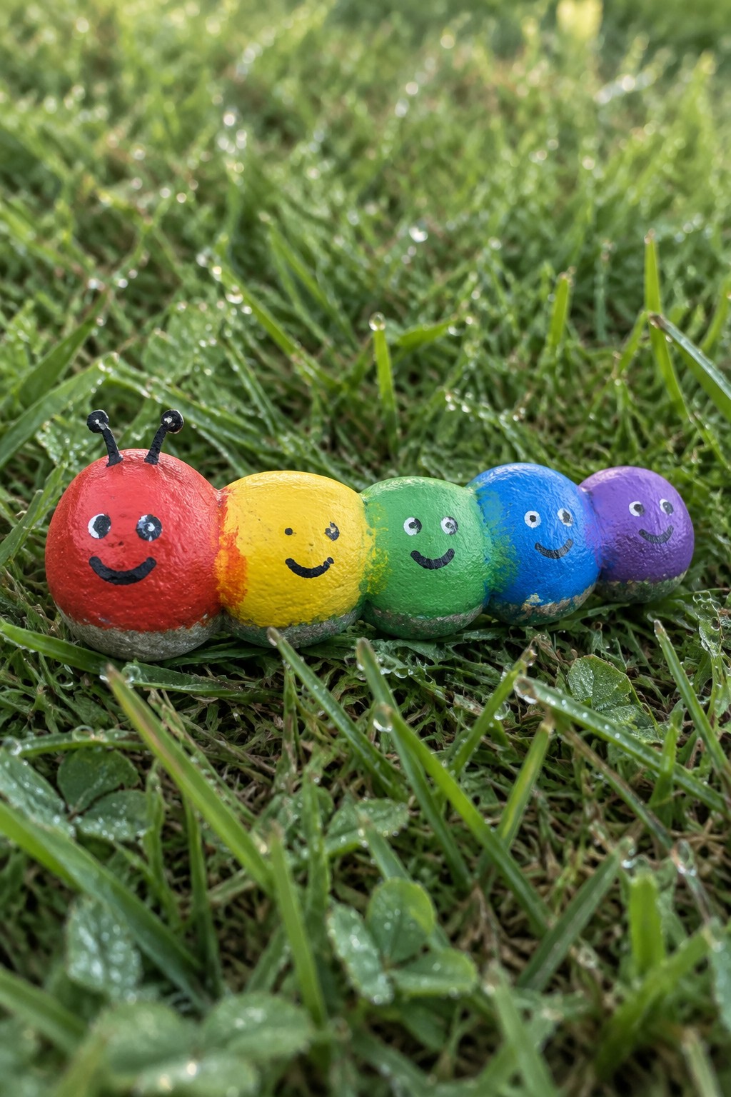 Rainbow rock caterpillar with smiling faces and antennae on dewy grass.