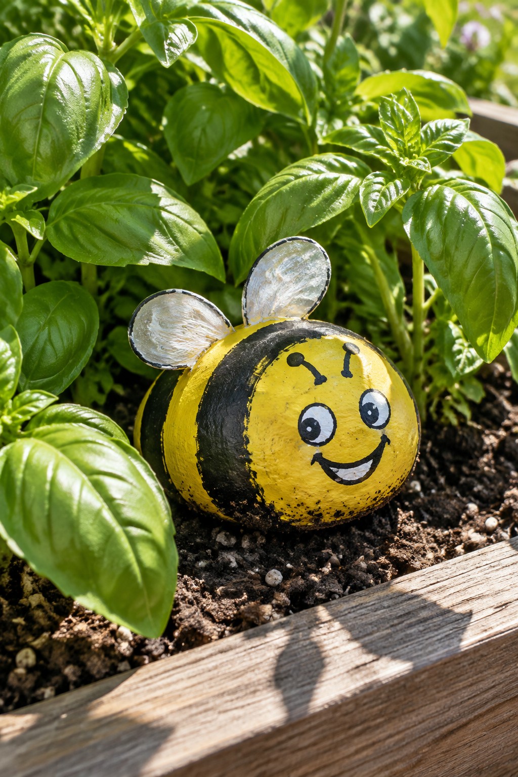 A yellow and black painted rock shaped like a smiling bumblebee rests in garden soil among basil leaves.