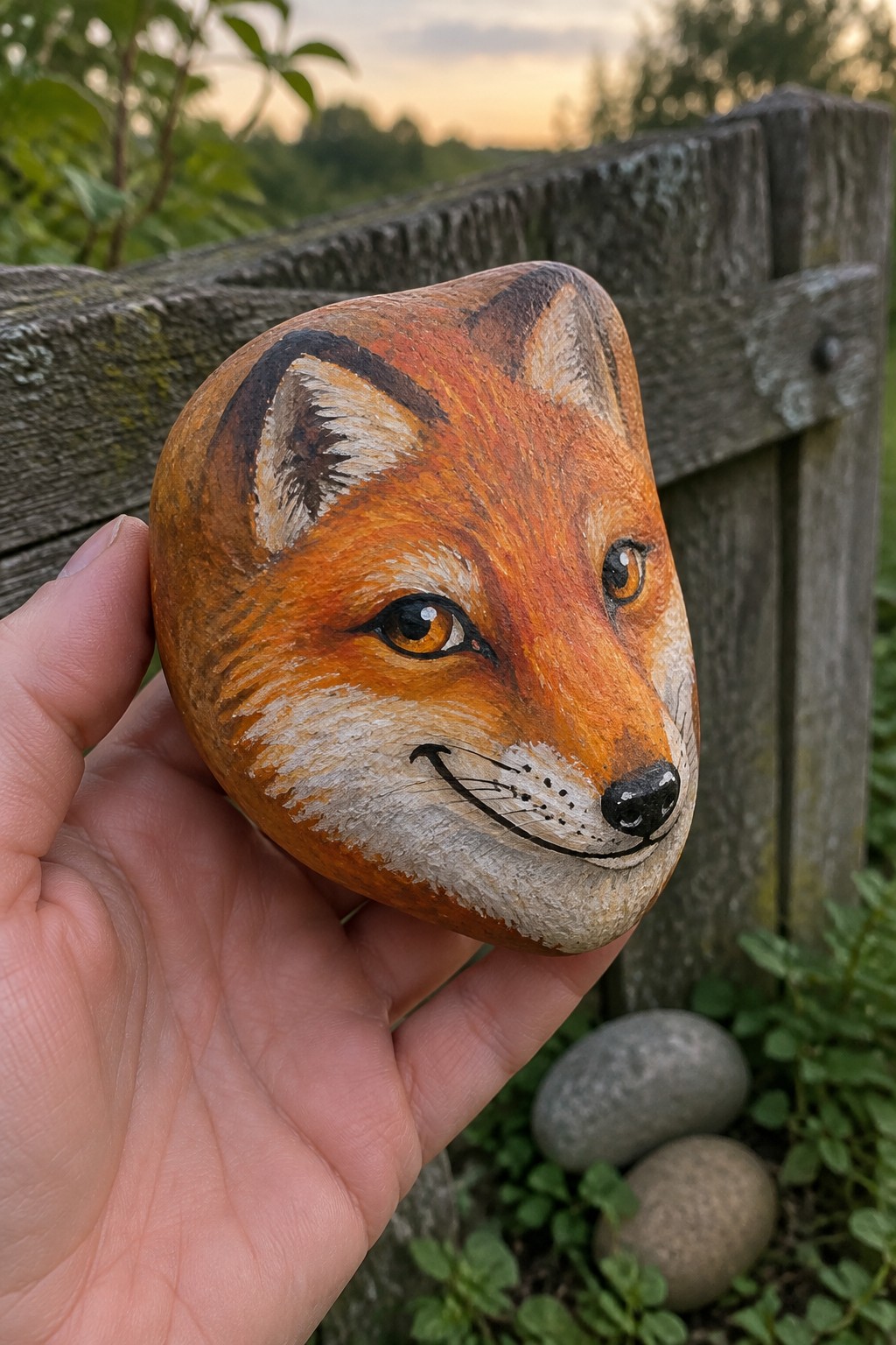 Hand holding stone painted as fox with orange fur, white muzzle, and amber eyes.