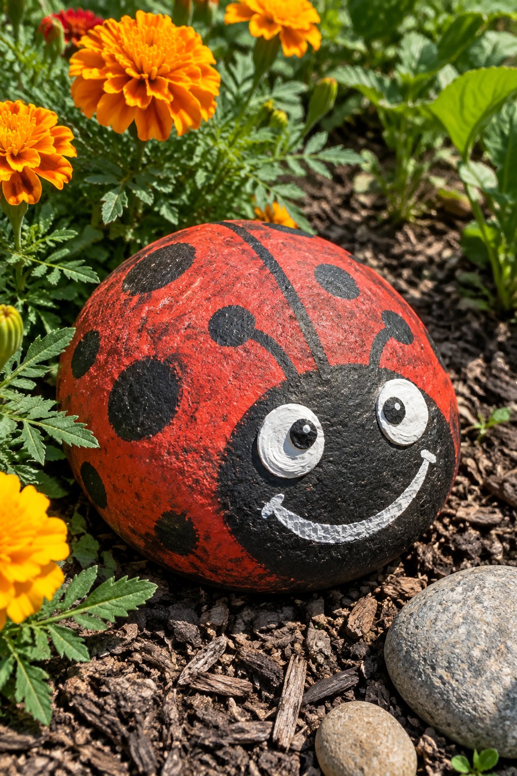 Smiling ladybug painted on red rock amid orange marigolds and mulch.
