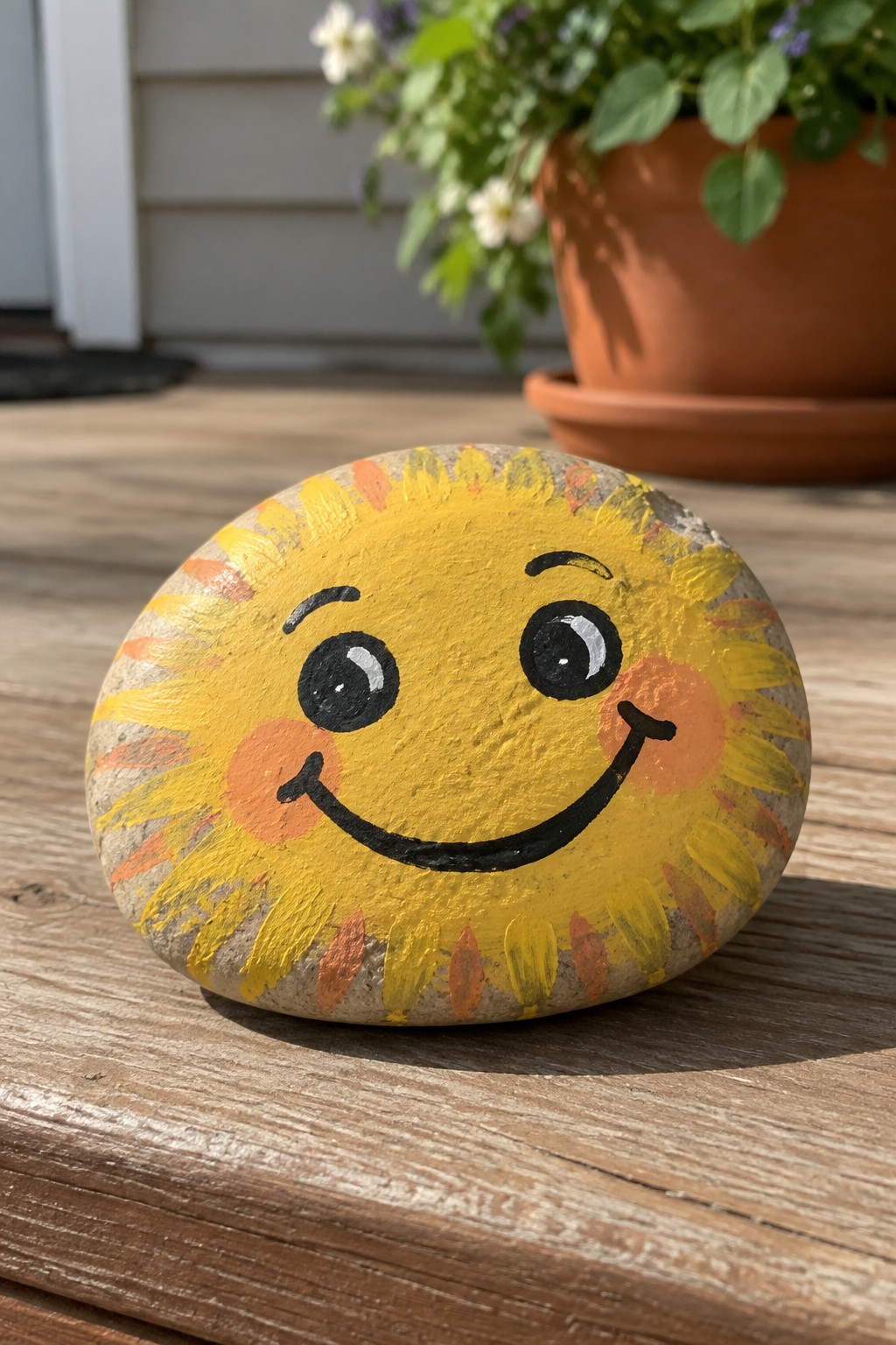 Yellow smiling sun painted on round rock atop wooden deck near potted plant