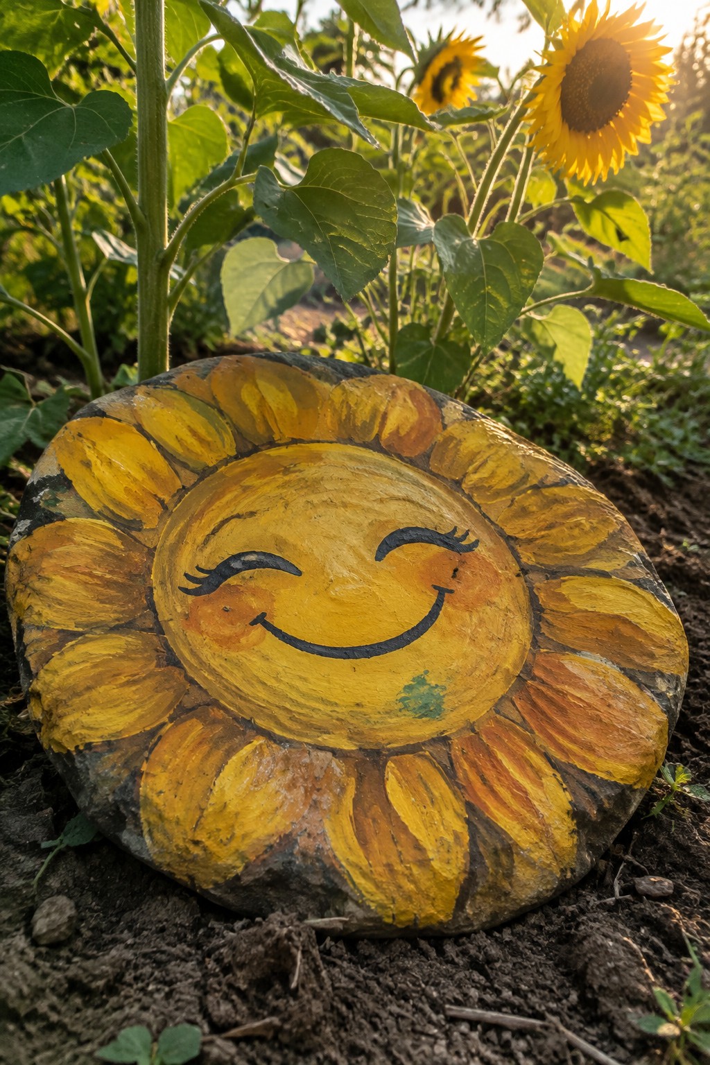 Painted rock sunflower with smiling face on garden soil near plants