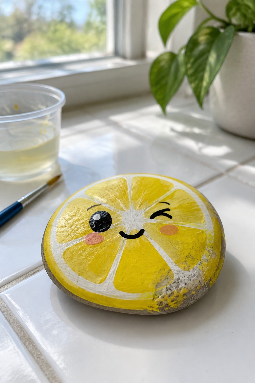 Cute painted lemon rock with winking face on sunlit white windowsill beside paintbrush