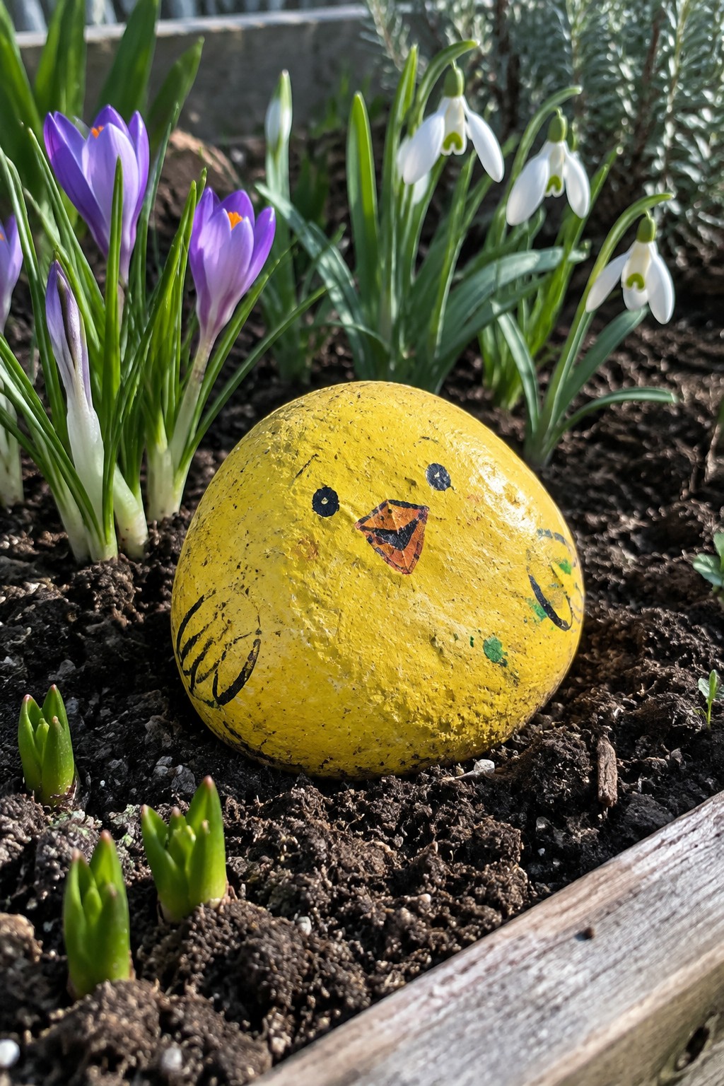 A yellow painted rock with a cartoon chick face sits among purple crocuses and white snowdrops in garden soil.