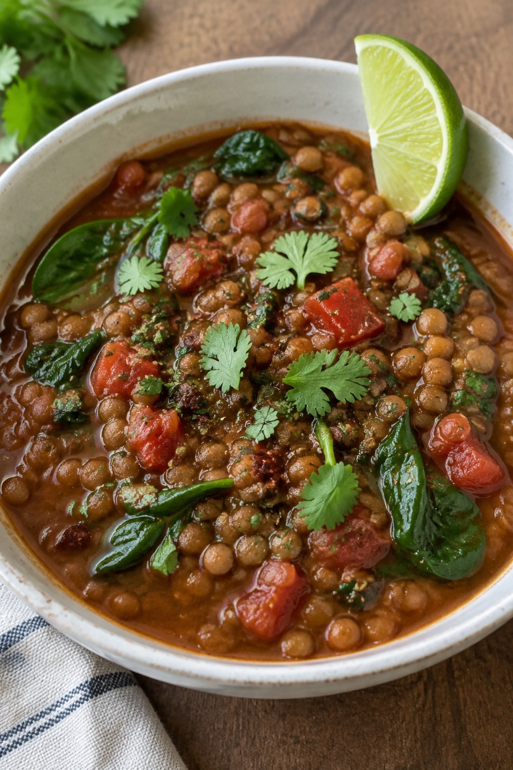 Mexican Chipotle Lentil Stew with Spinach and Tomatoes