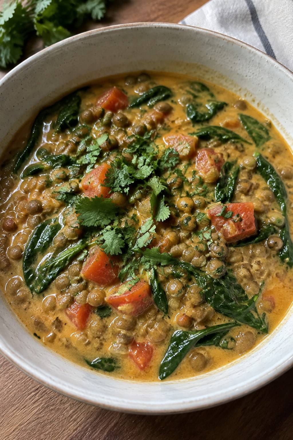 Thai Coconut Lentil Stew with Spinach and Tomatoes