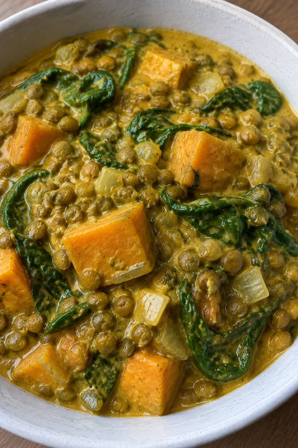 Curried Coconut Lentil Stew with Sweet Potatoes and Spinach