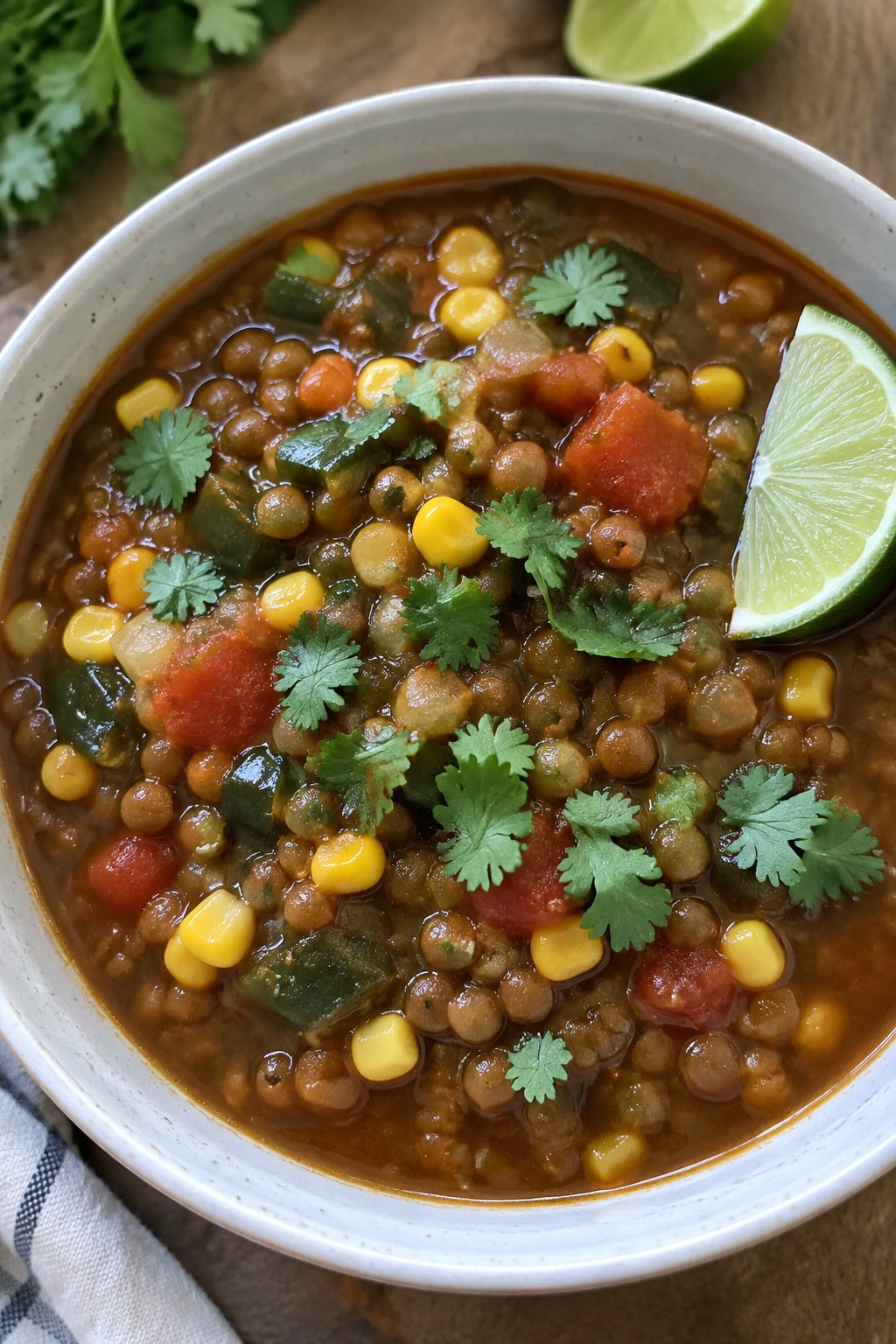 Mexican Cumin Lentil Stew with Corn and Poblanos