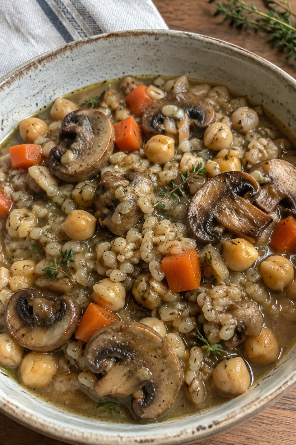 Rustic Mushroom Chickpea Stew with Barley and Thyme