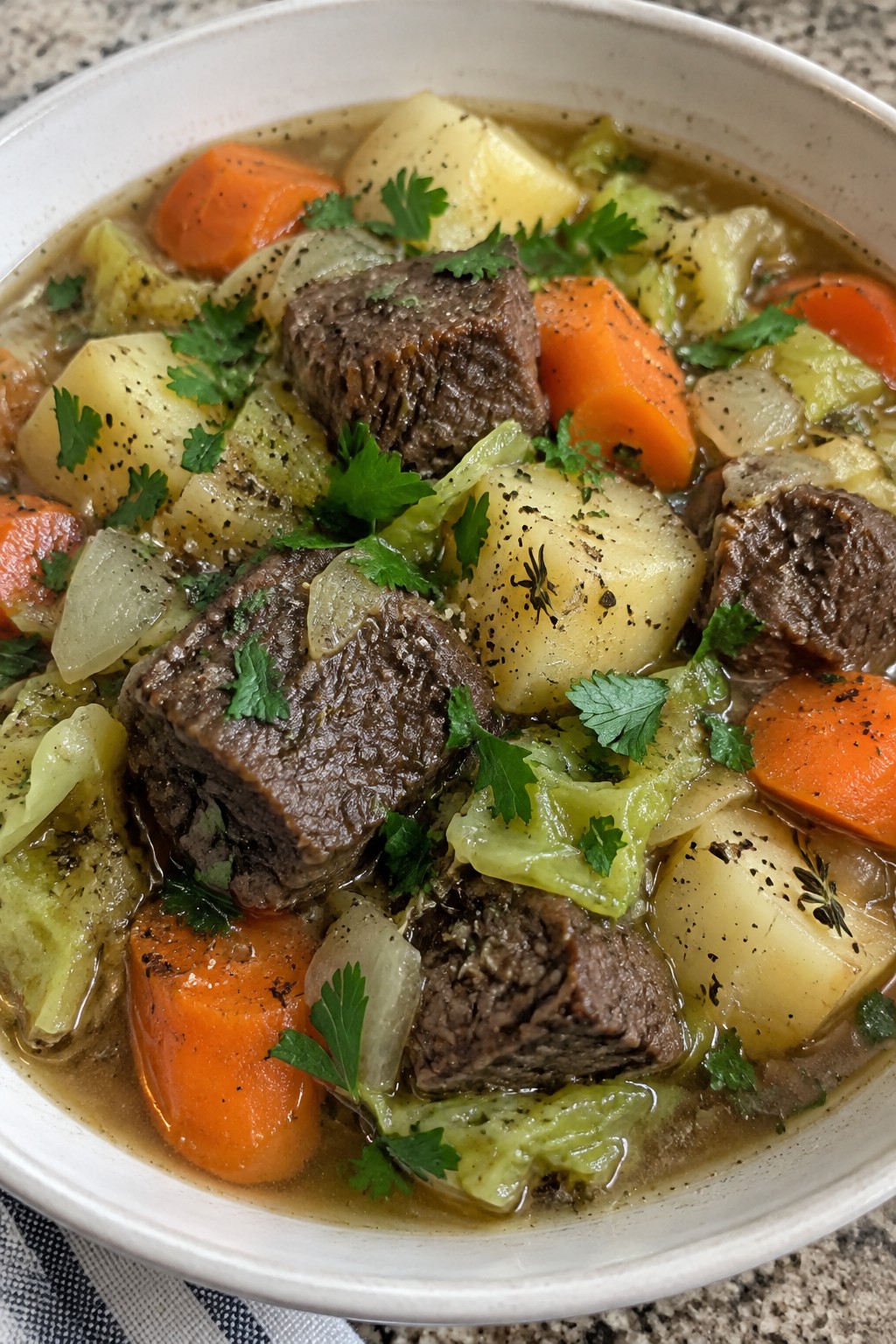 Irish-Style Beef and Ale Stew with Cabbage and Potatoes