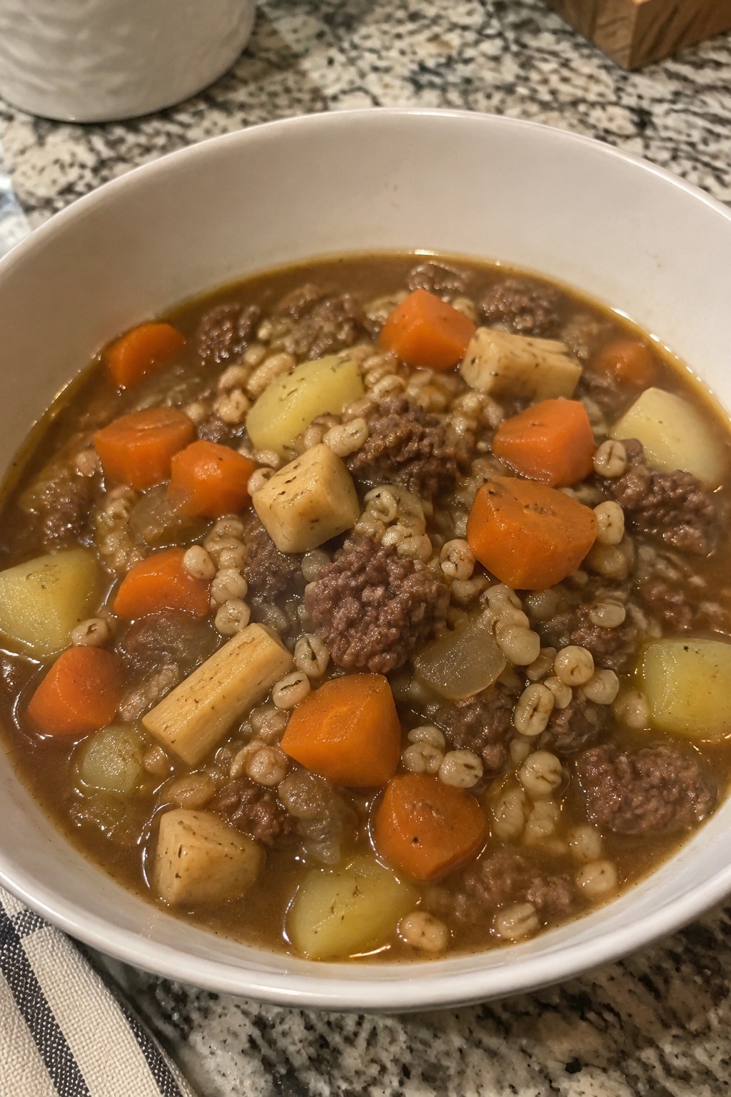Beef Barley Hamburger Stew with Root Vegetables