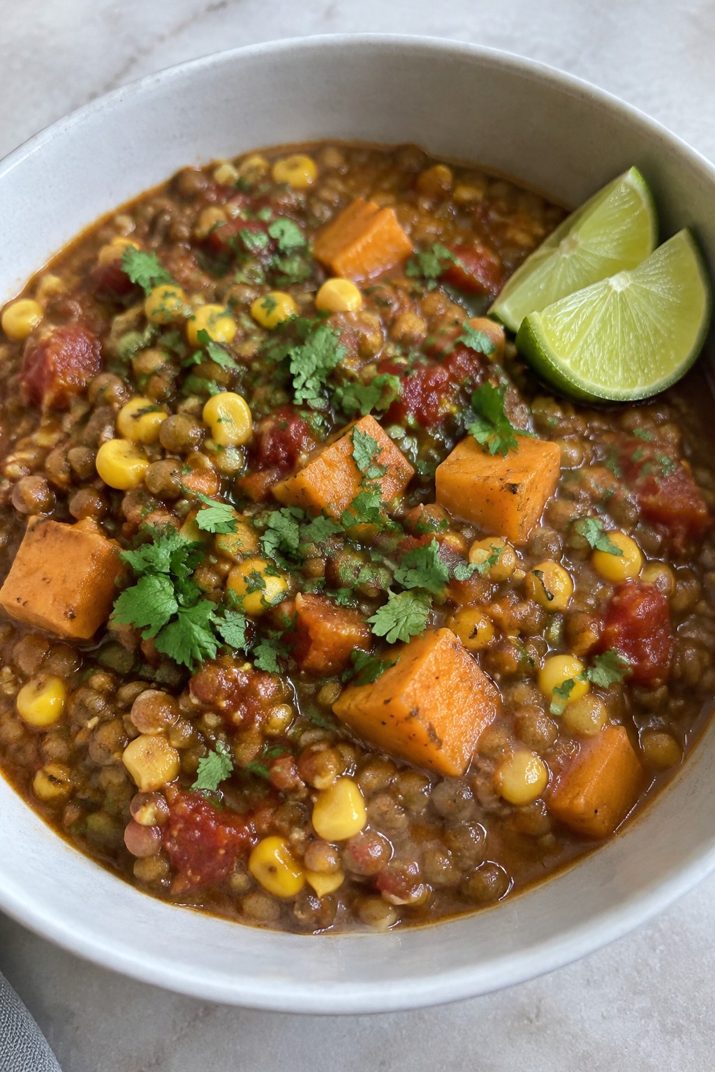 Mexican Chipotle Lentil Stew with Sweet Potatoes and Corn