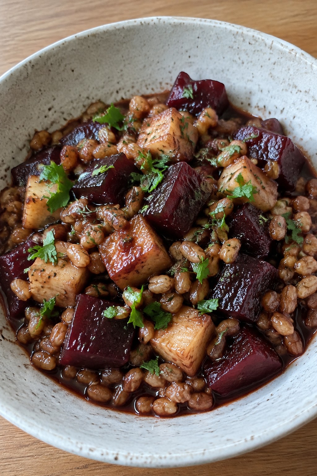 Balsamic Braised Beet and Celery Root Stew with Farro