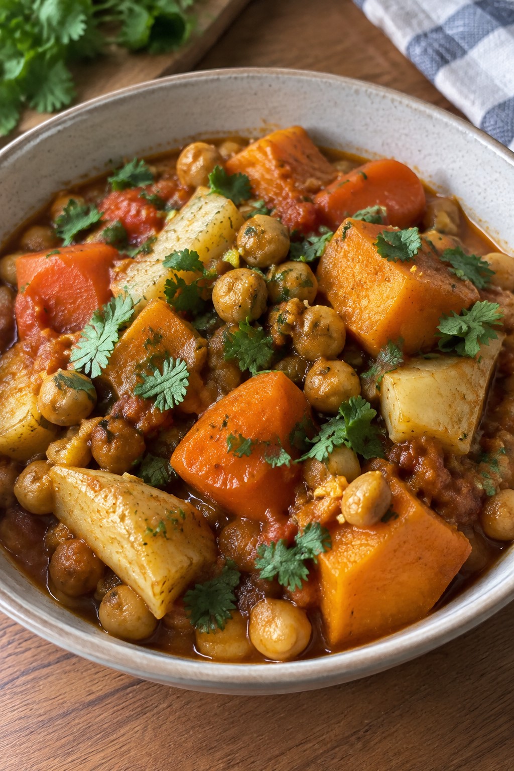 Hearty Moroccan Chickpea and Root Vegetable Tagine Stew