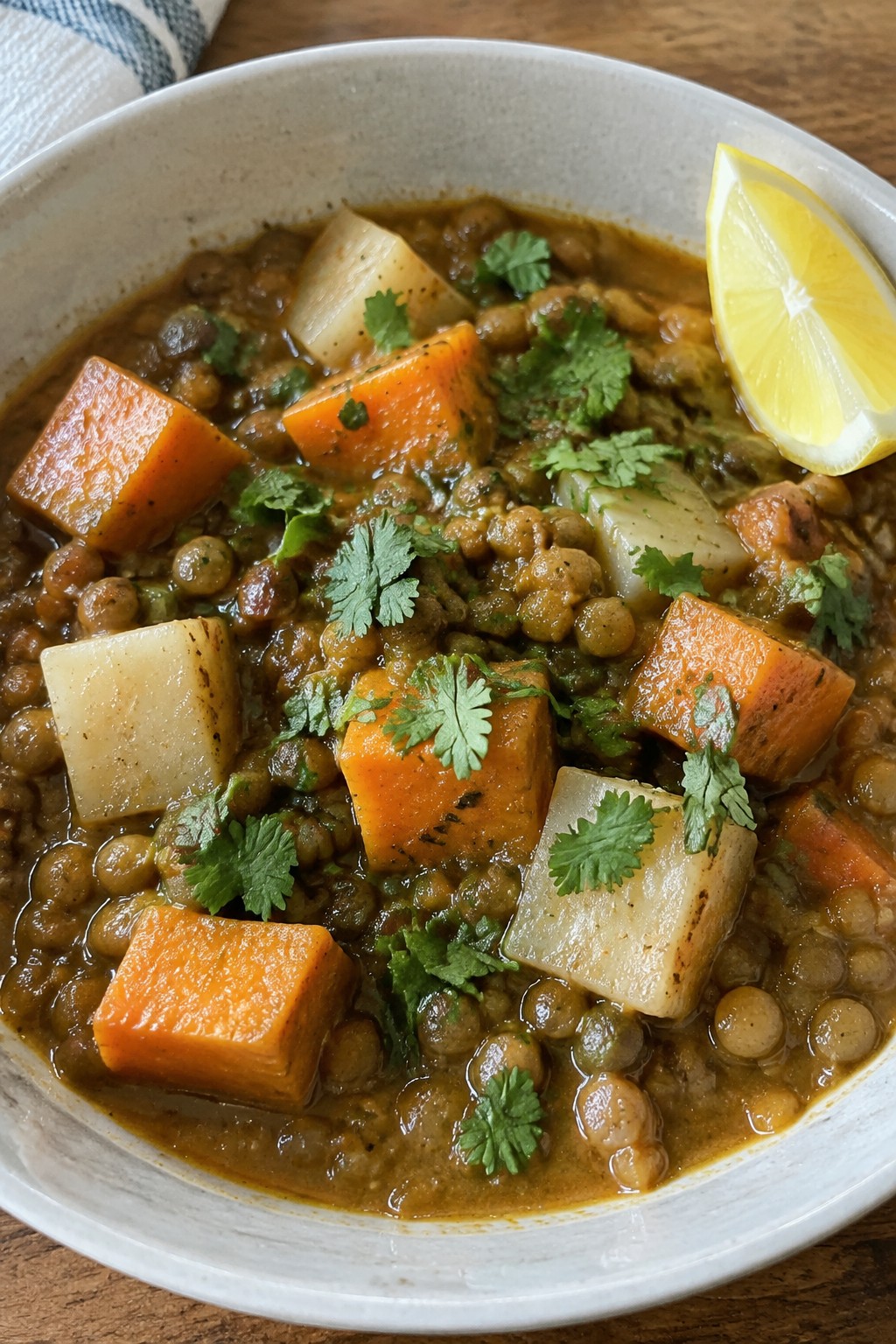 Indian Spiced Lentil, Turnip, and Sweet Potato Stew