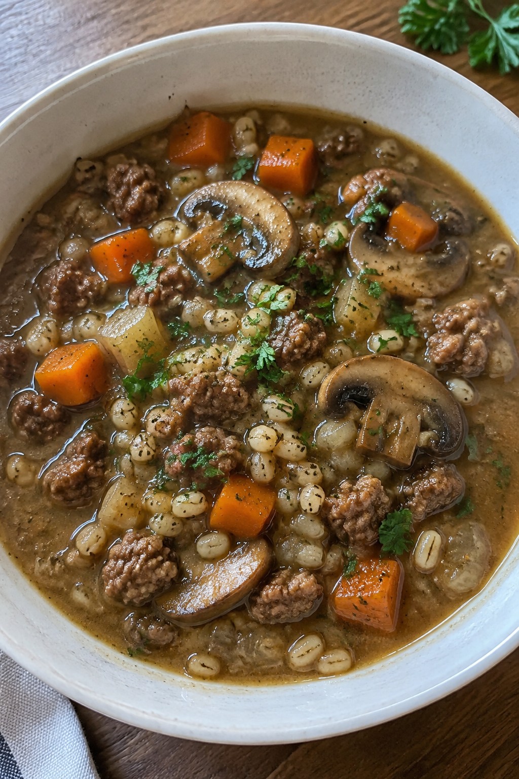 Hearty Hamburger Barley and Mushroom Stew