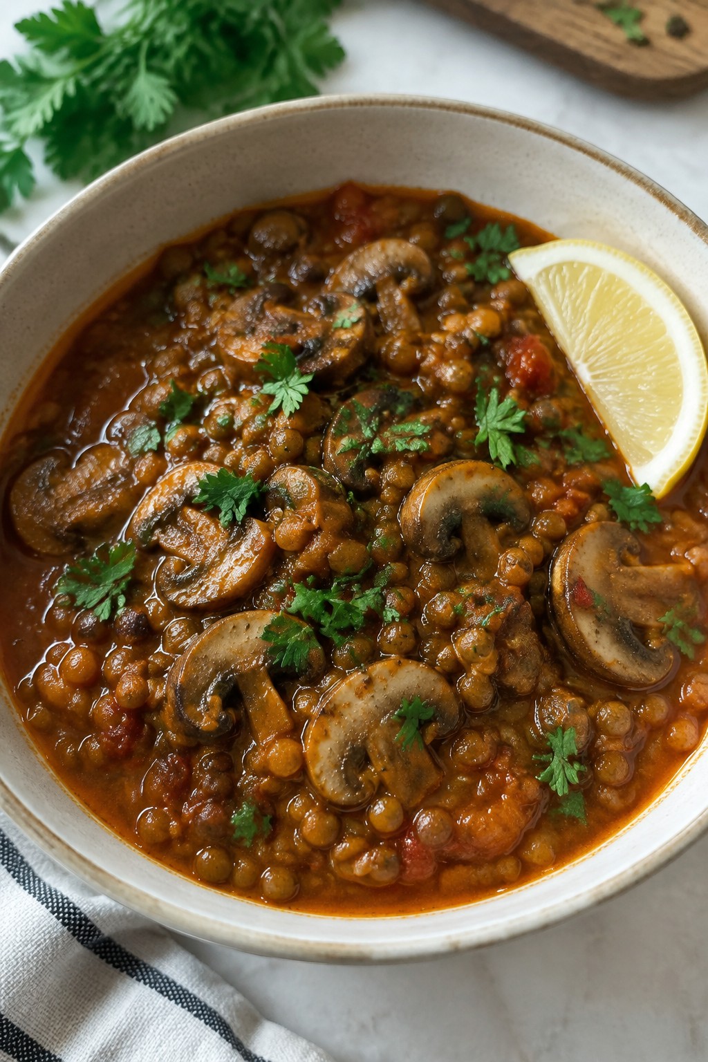 Spicy Harissa Lentil Mushroom Stew