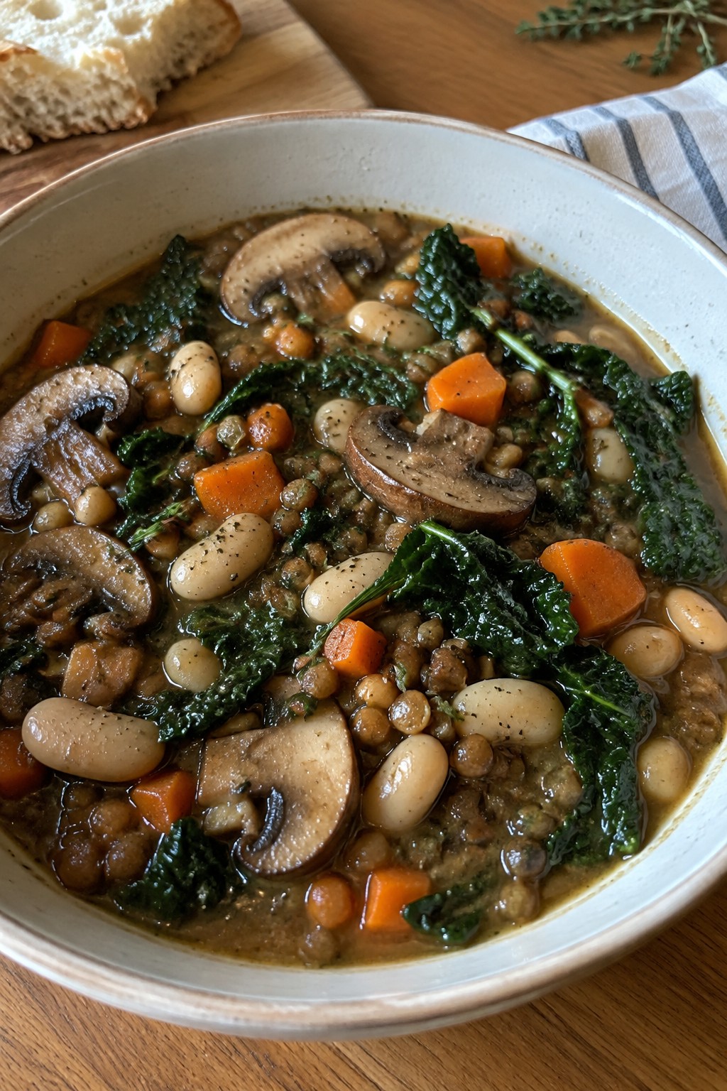 Tuscan Kale and White Bean Lentil Mushroom Stew