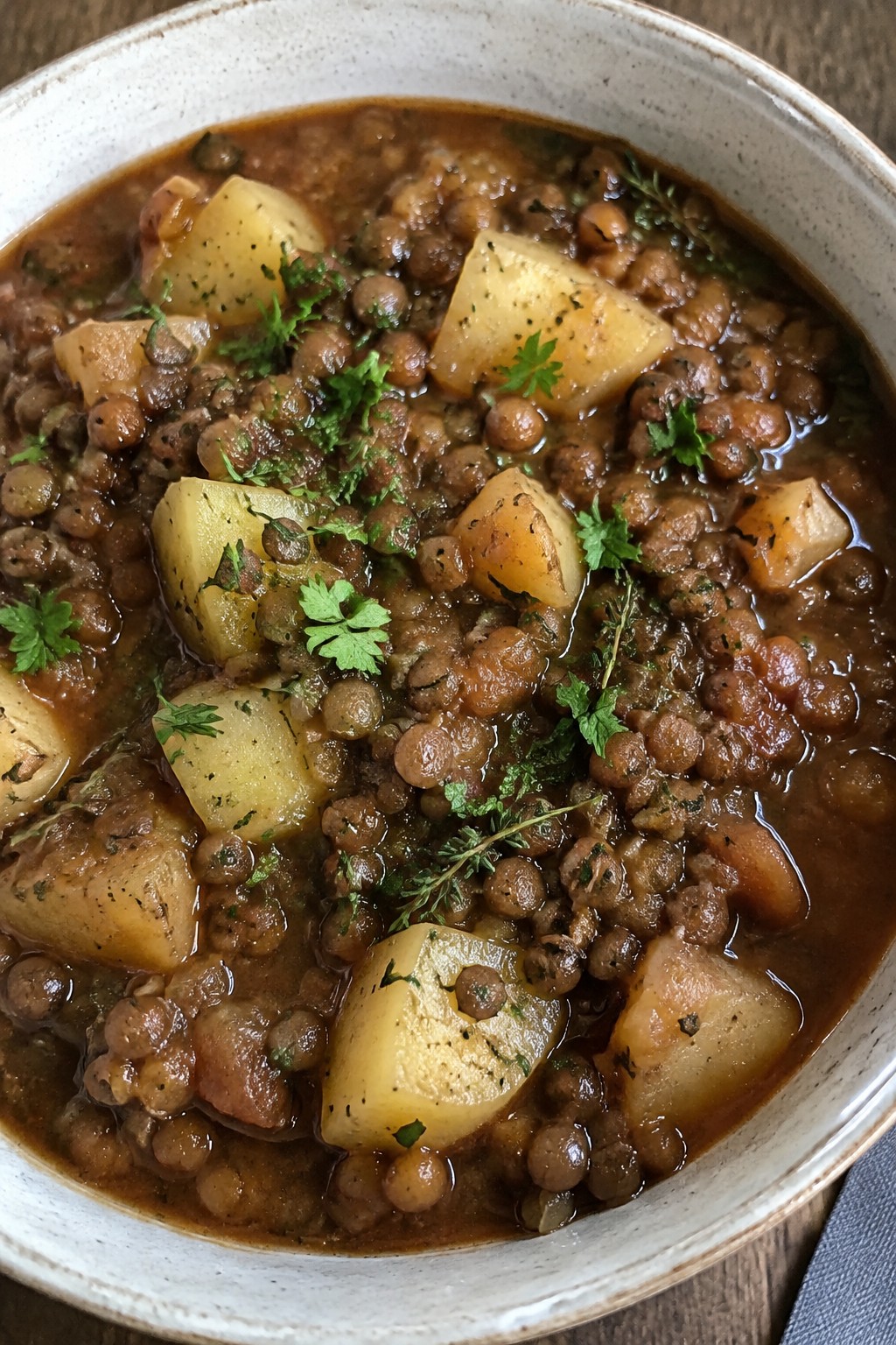 French Thyme and Red Wine Lentil Stew with Potatoes