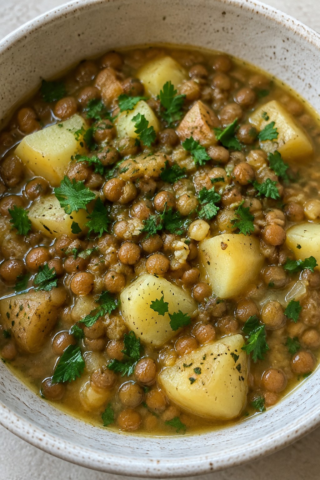 Lemon Garlic Lentil Stew with Potatoes