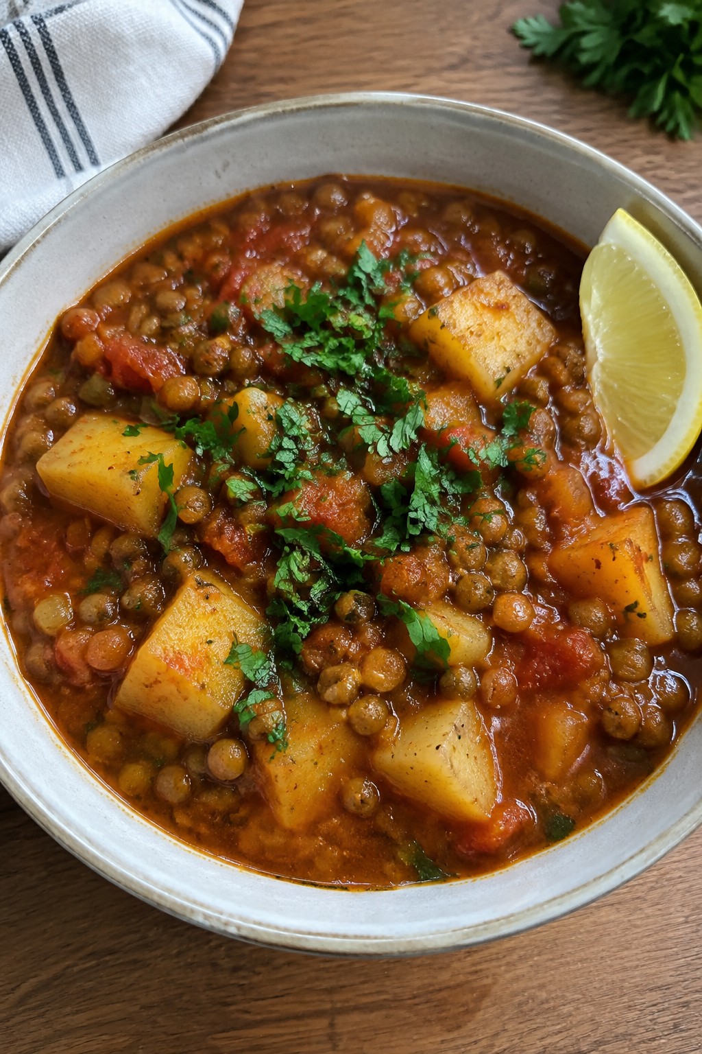 Moroccan Harissa Lentil Stew with Potatoes