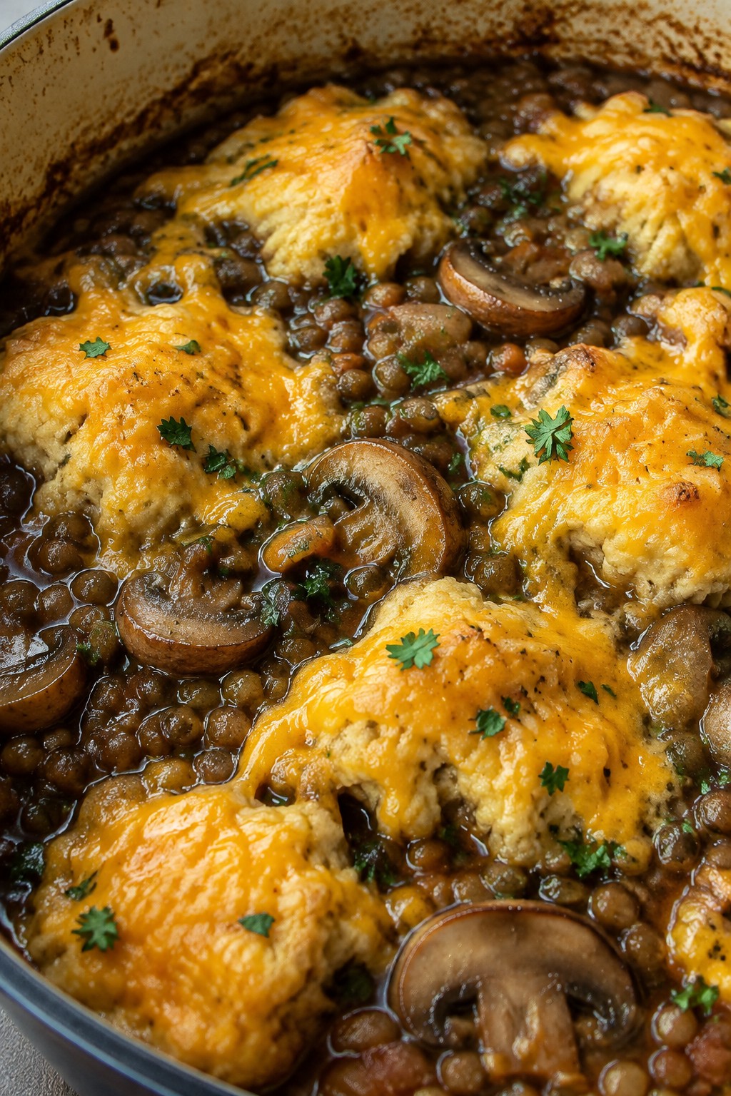 Lentil, Mushroom, and Red Wine Stew with Cheddar Dumplings