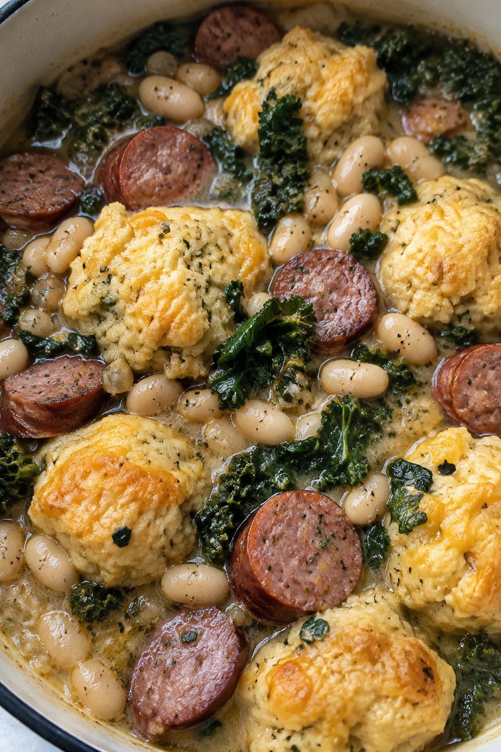 Smoky Sausage, White Bean, and Kale Stew with Cheddar Dumplings