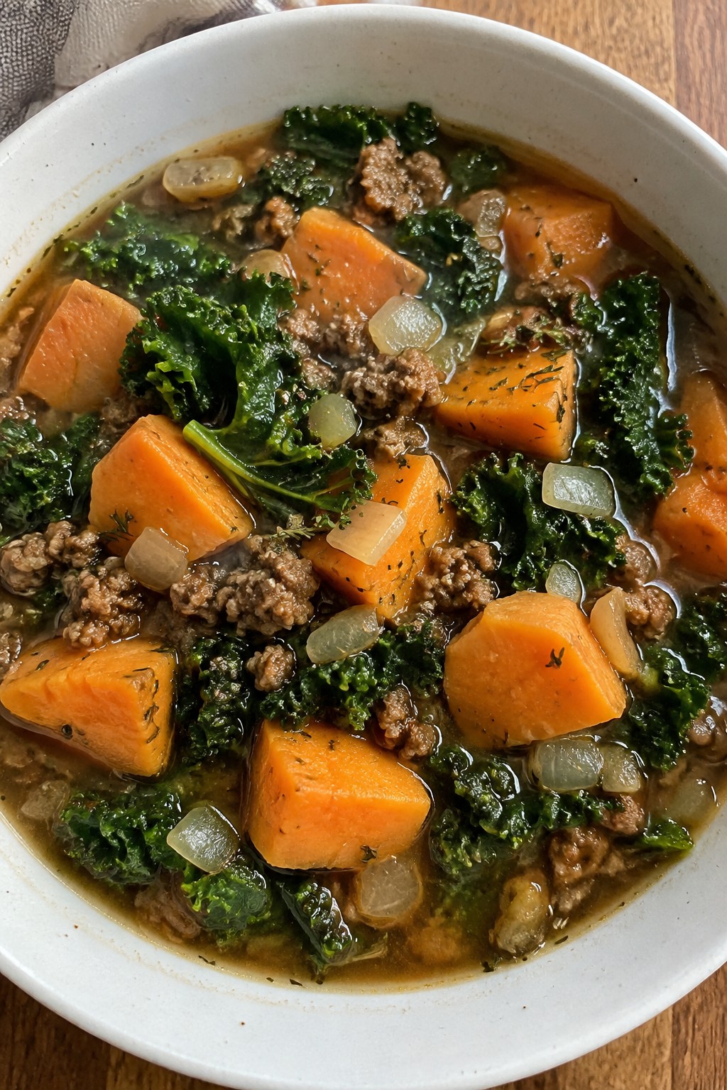 Sweet Potato Kale and Thyme Hamburger Stew