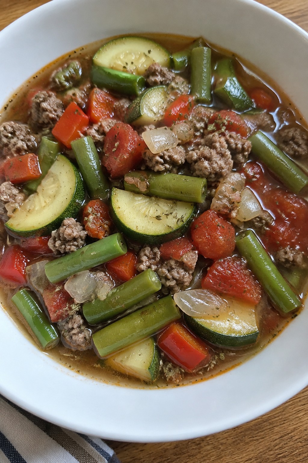 Zucchini Green Bean Summer Vegetable Hamburger Stew
