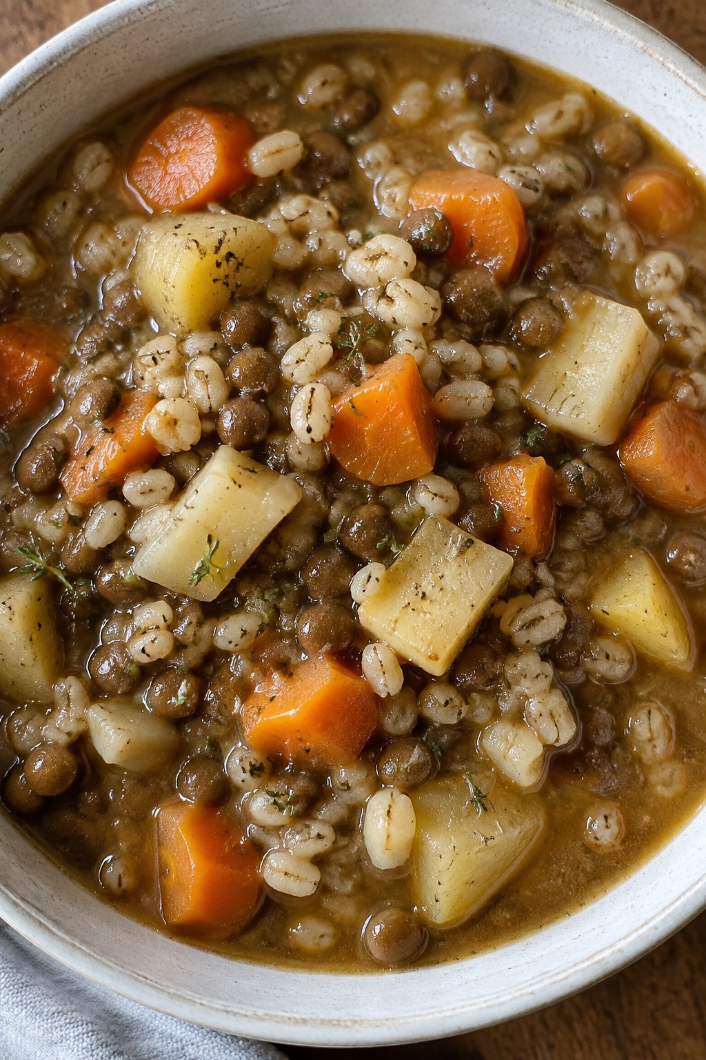 Hearty Barley Lentil Stew with Root Vegetables and Thyme