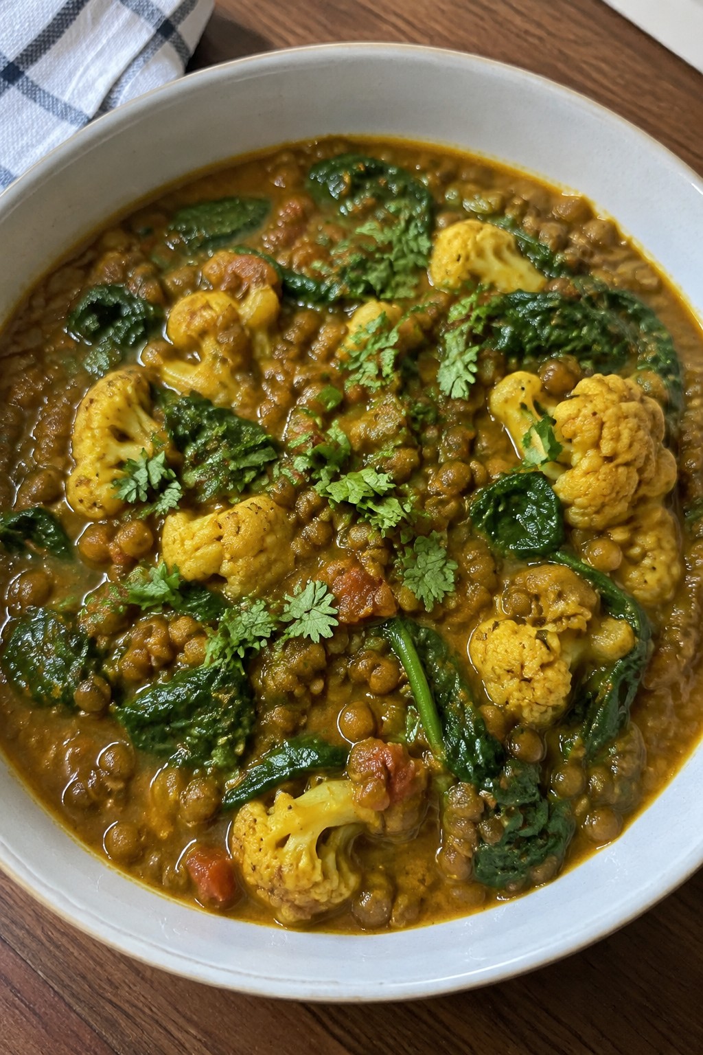 Indian Masala Lentil Stew with Cauliflower and Spinach