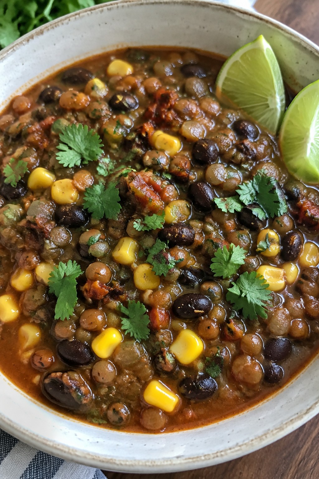 Mexican Chipotle Lentil Stew with Black Beans and Corn