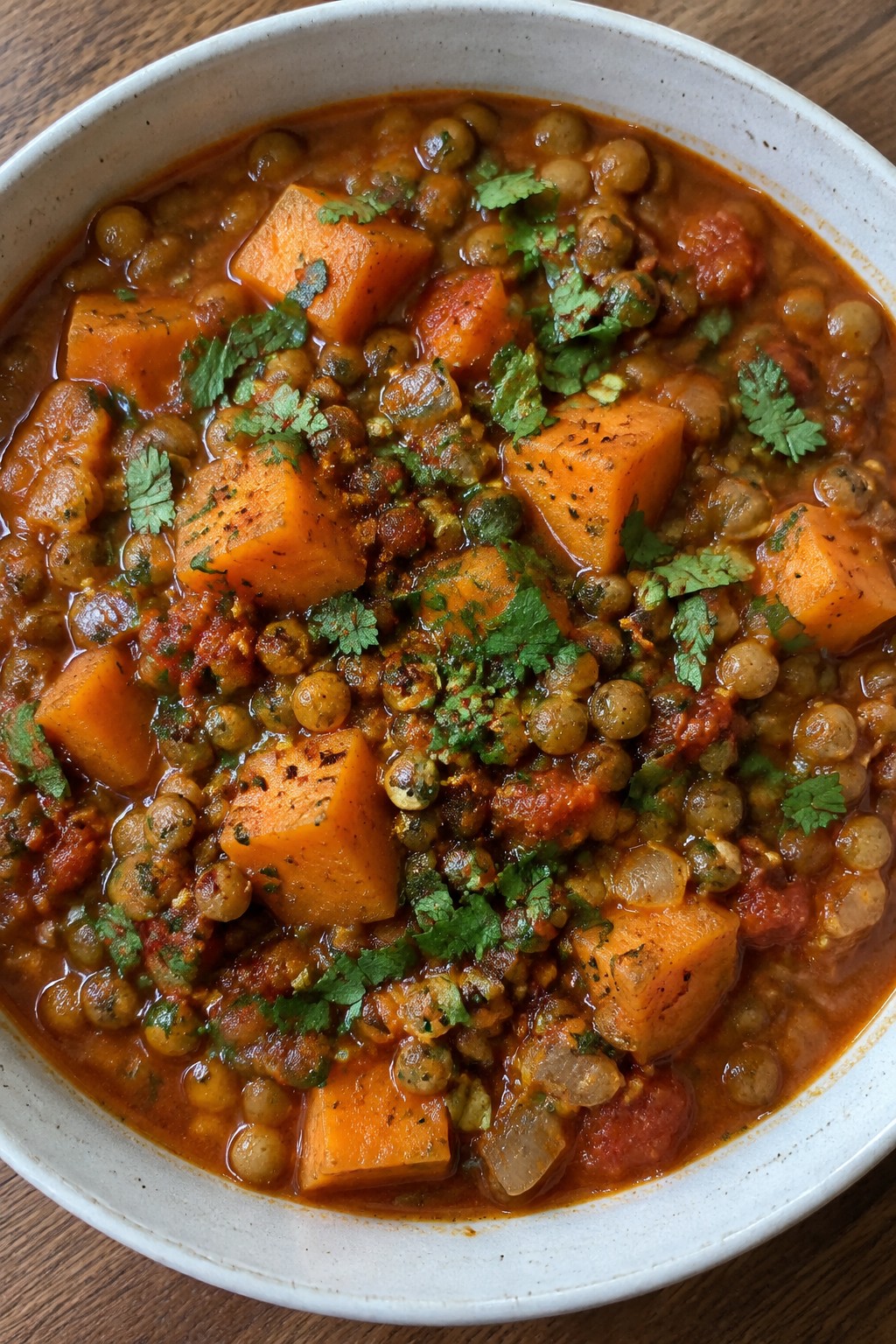 Moroccan-Spiced Lentil Stew with Sweet Potatoes and Harissa