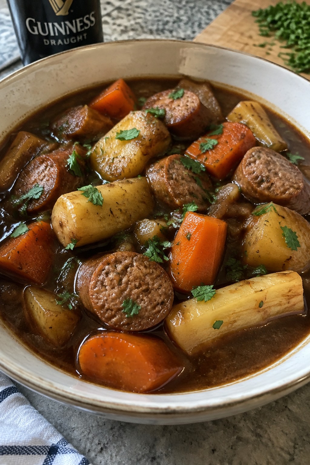 Irish Sausage and Guinness Root Vegetable Stew