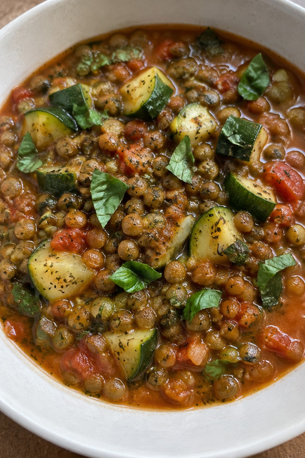 Italian Herb Lentil Stew with Zucchini and Basil