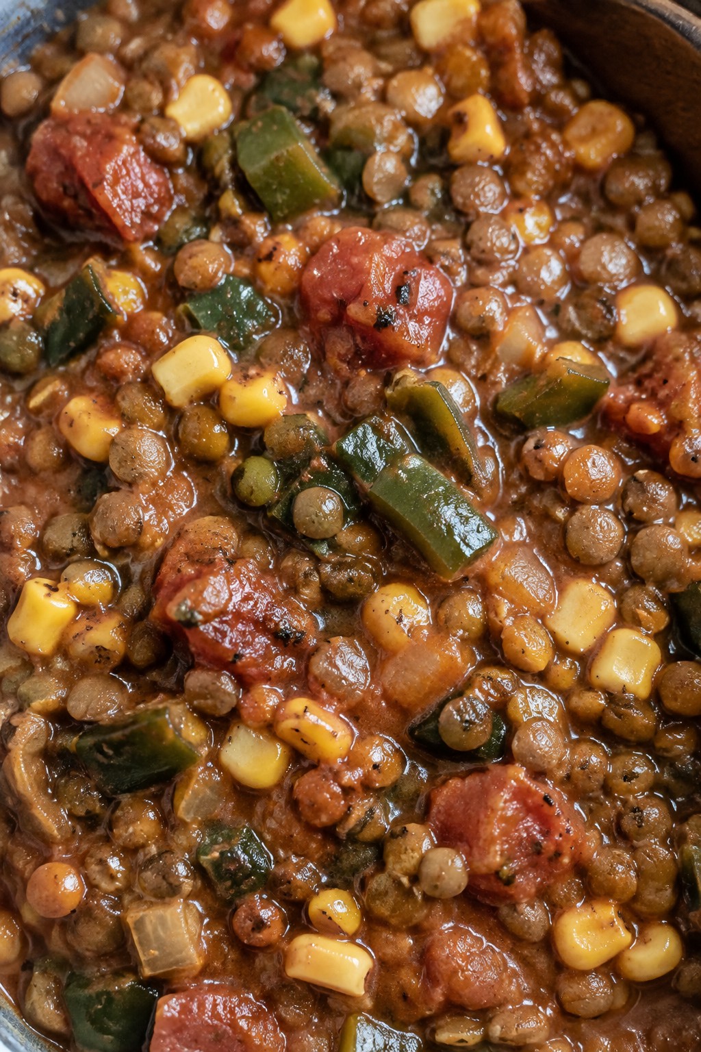 Smoky Mexican Lentil Stew with Corn and Poblano Peppers