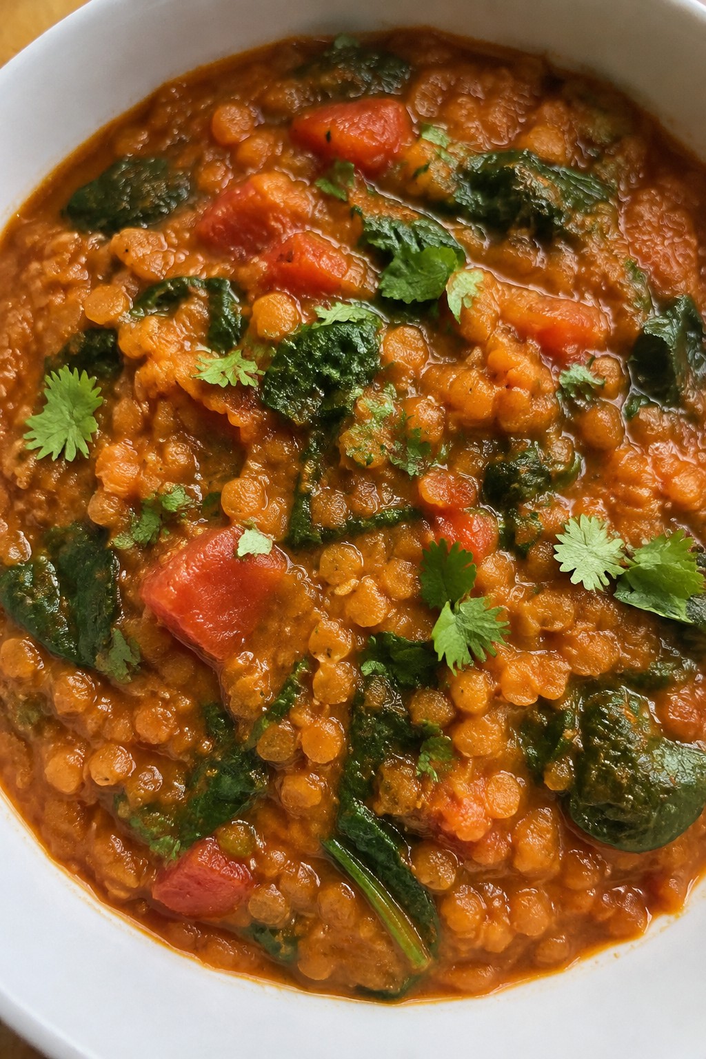 Spicy Indian Red Lentil Stew with Spinach and Tomatoes