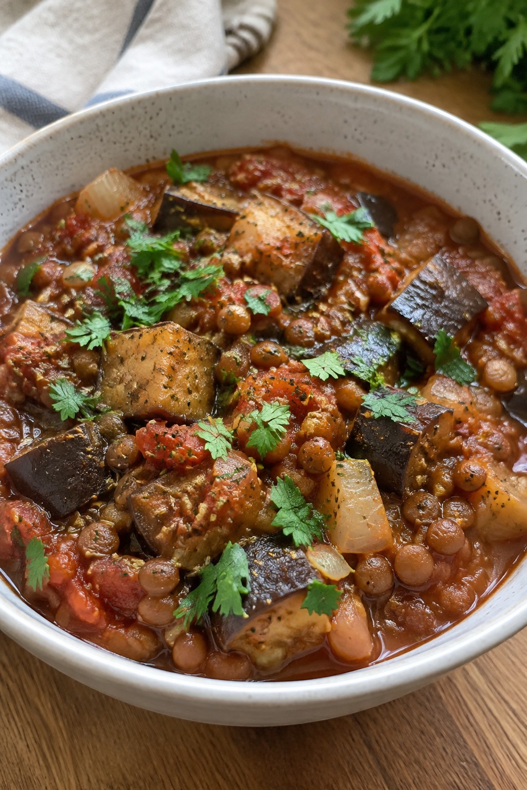 Eggplant and Tomato Lentil Stew with Cinnamon and Oregano