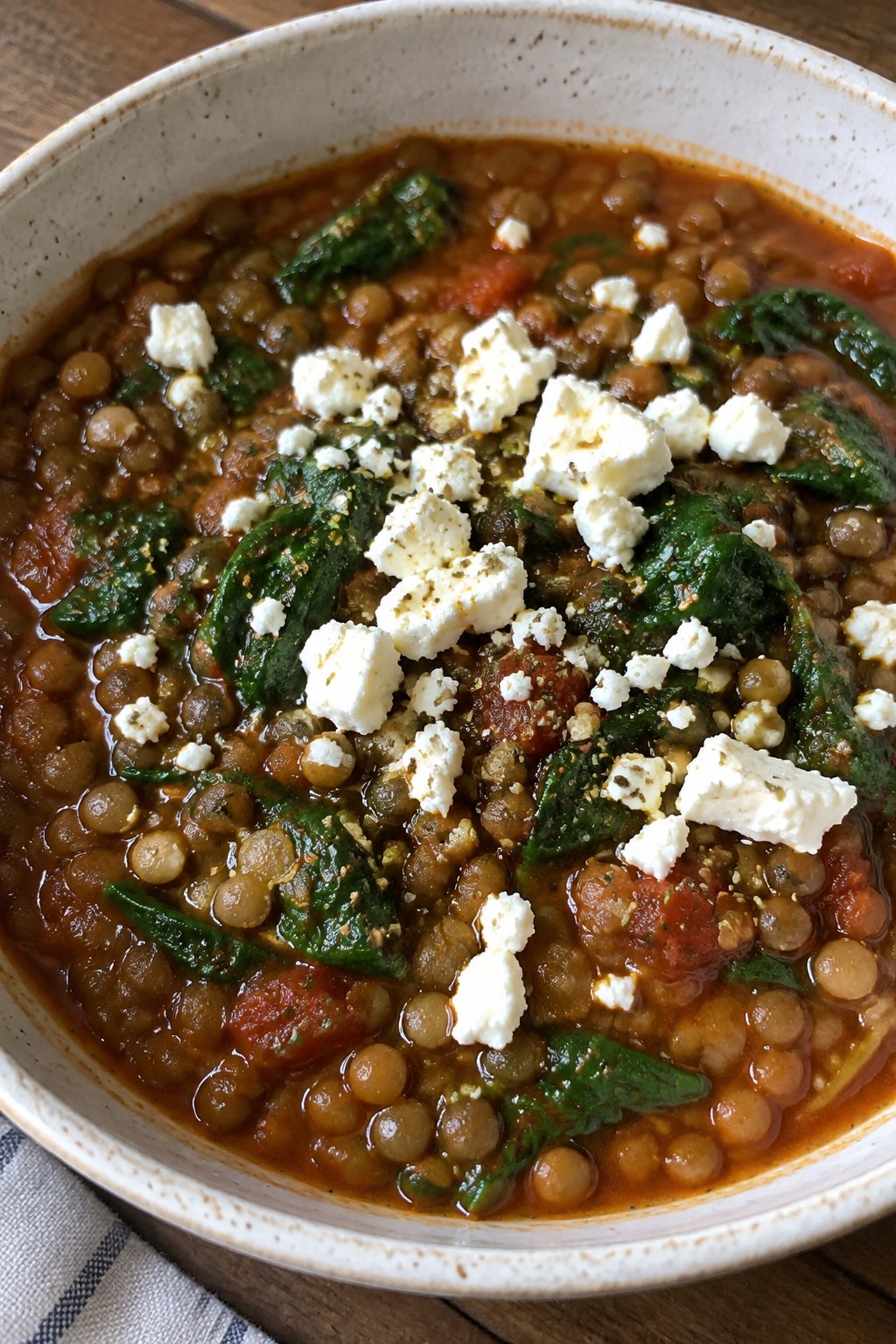 Greek Lentil Stew with Spinach, Lemon, and Crumbled Feta