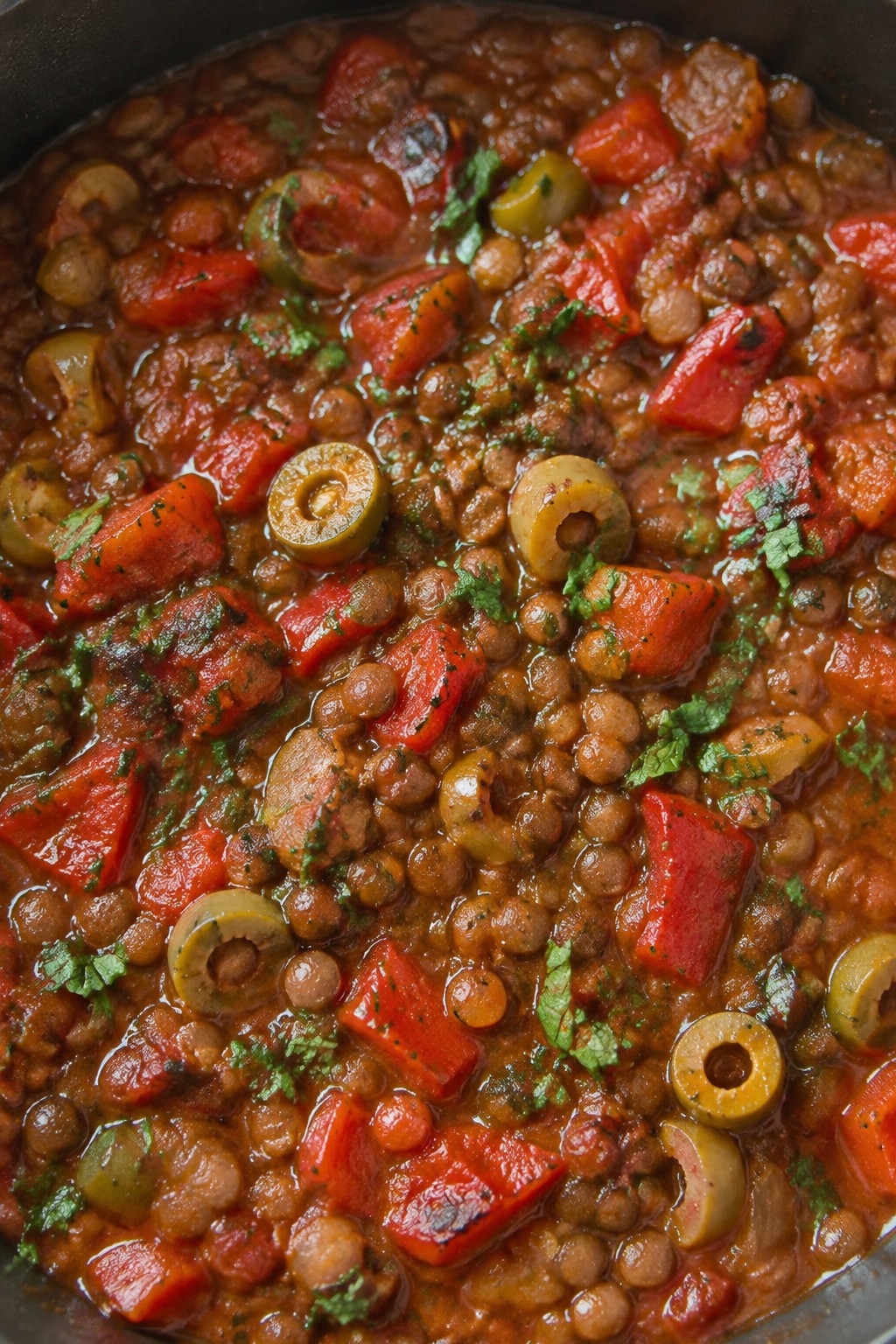 One-Pot Lentil Stew with Roasted Red Peppers and Green Olives