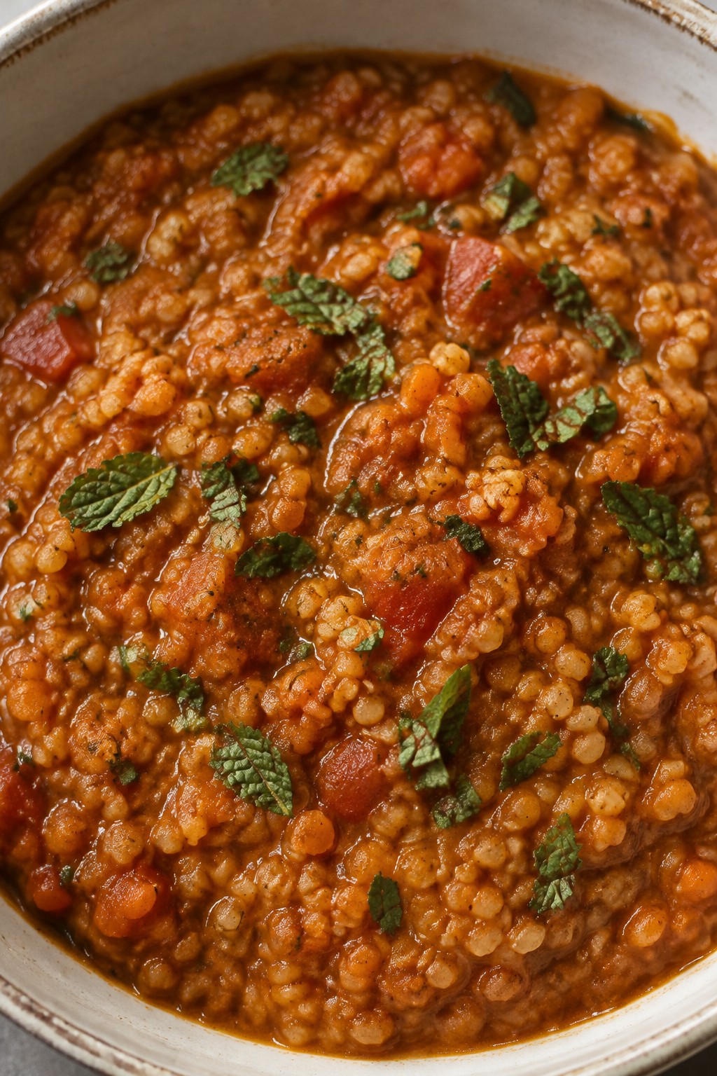 Turkish Red Lentil Stew with Bulgur and Fresh Mint