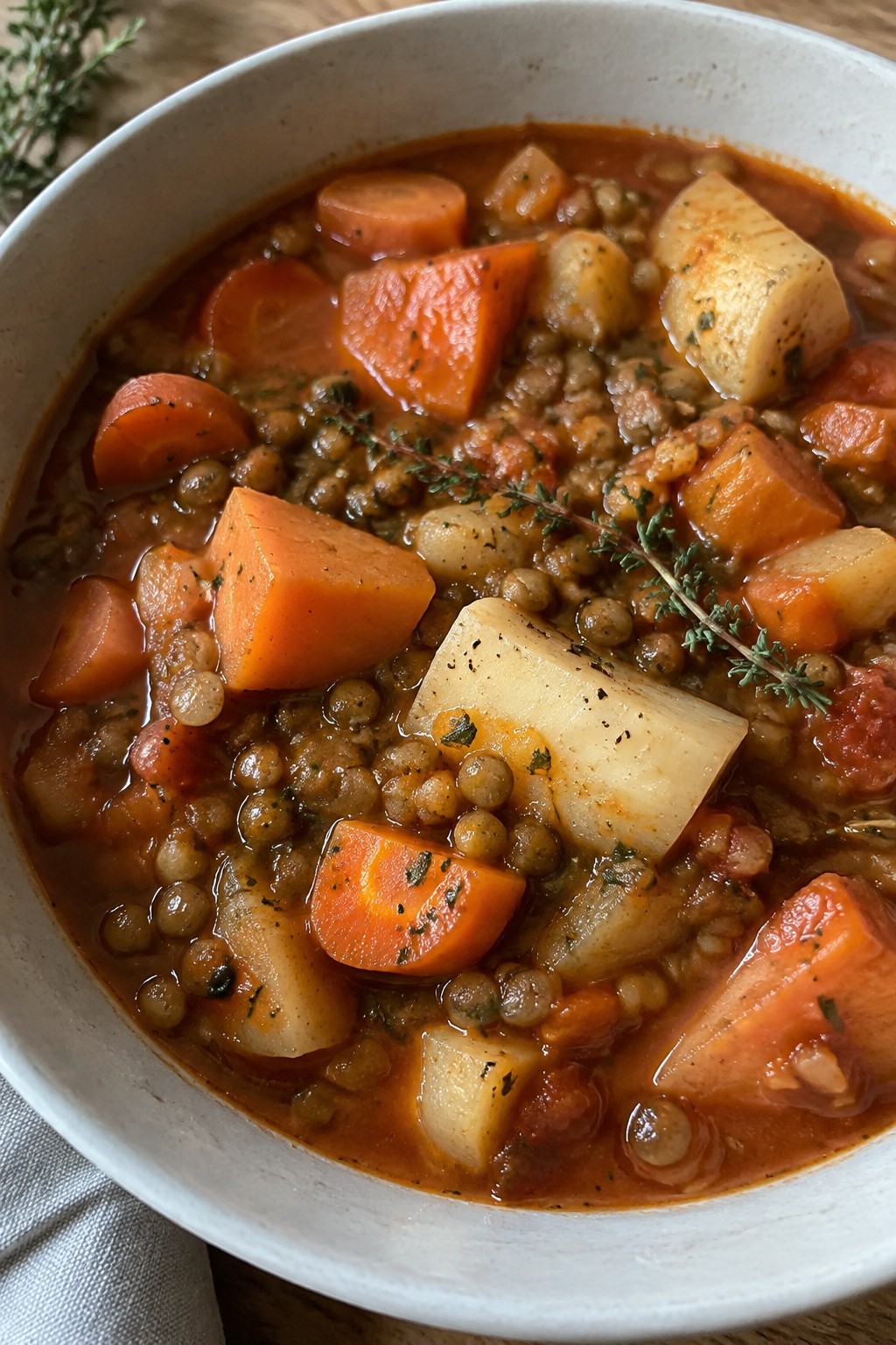 Winter Root Vegetable Lentil Stew with Thyme and Garlic