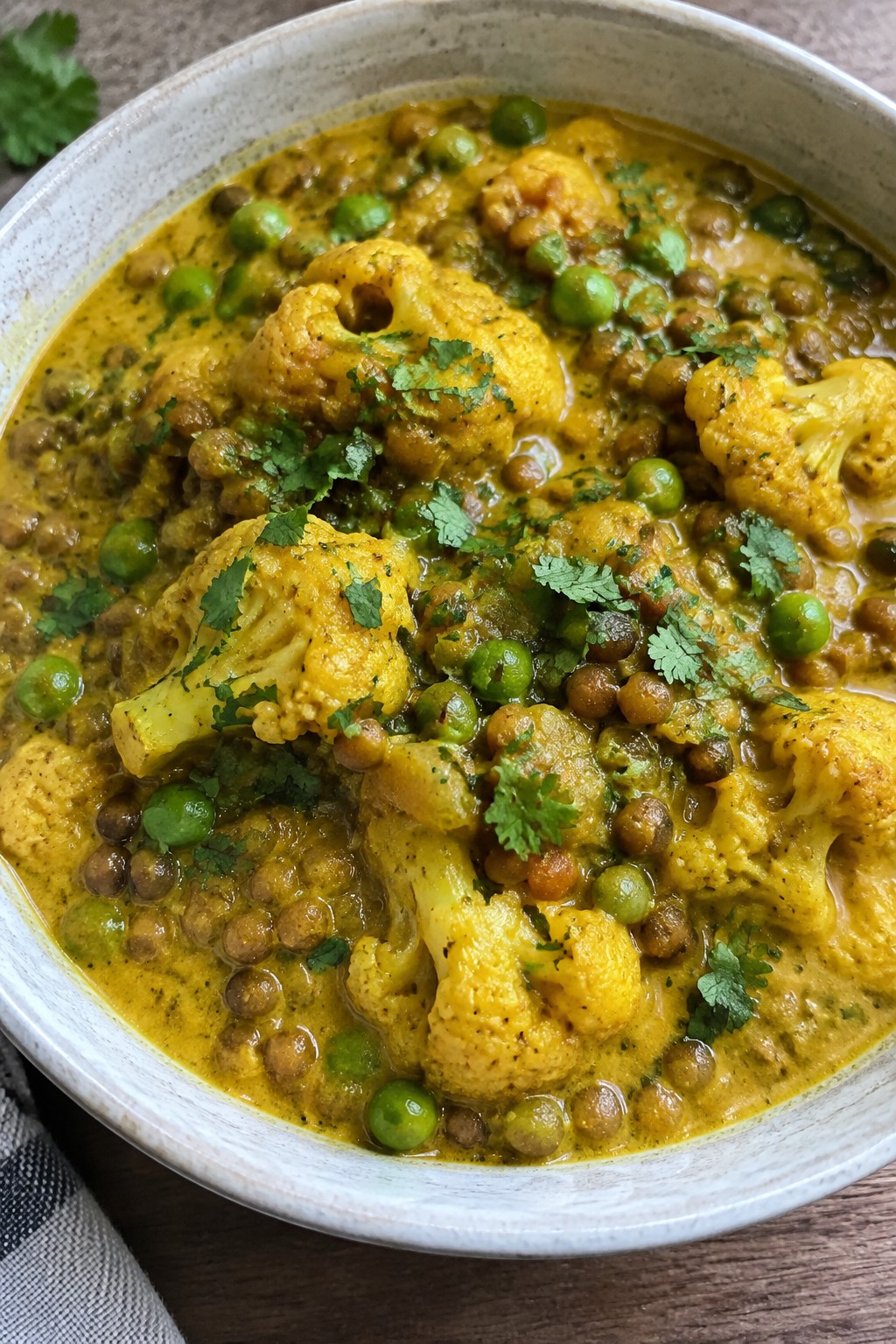 Curried Cauliflower Lentil Stew with Peas and Coconut Milk